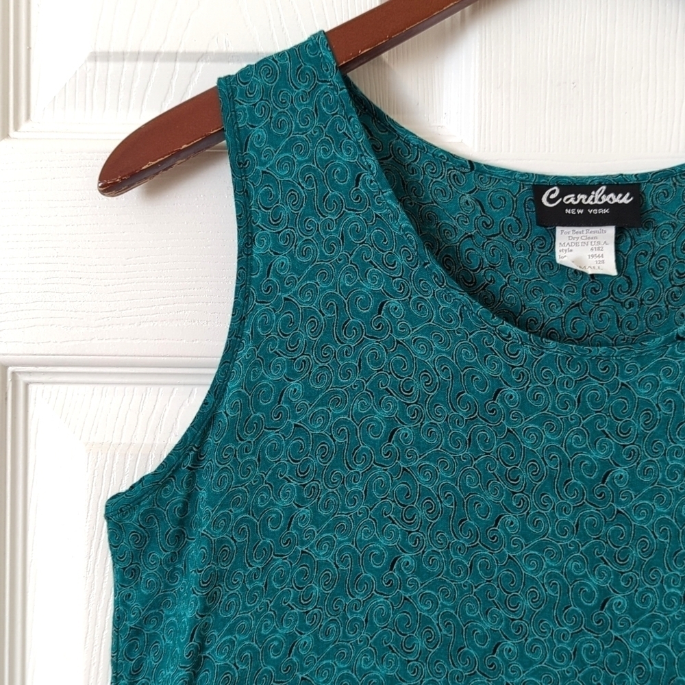 Caribou 80's Vintage Funky Swirl Printed Sleeveless Midi Shift Dress Teal Small - Picture 4 of 14